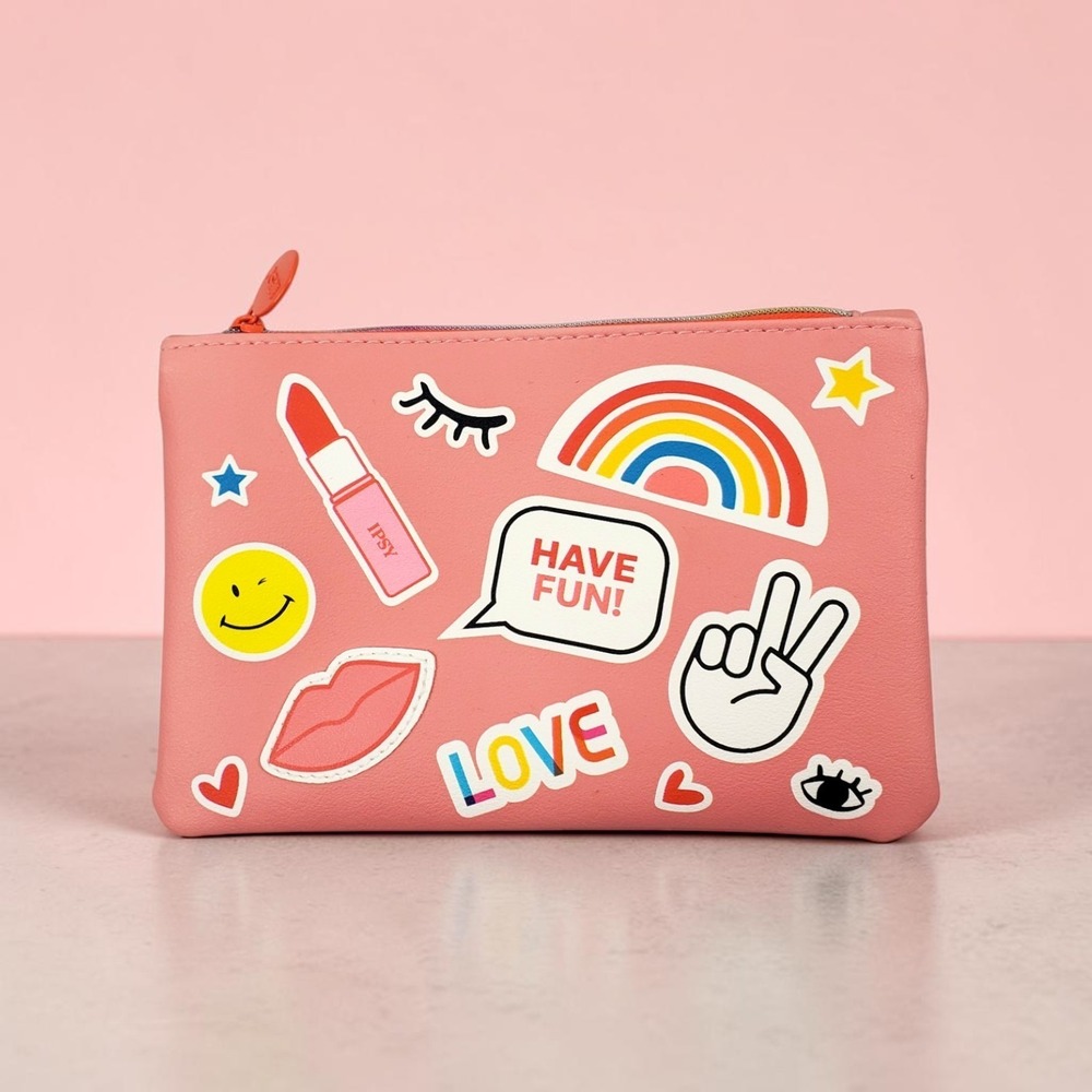 Ipsy Pink Pop Art Sticker Print Makeup Bag Cosmetic Pouch Pink Orange Zipper